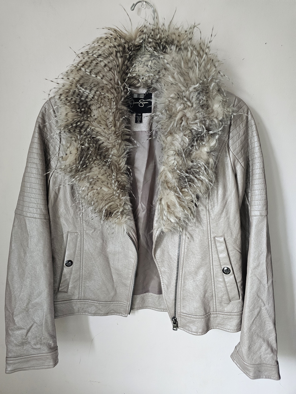 Jessica Simpson Light Beige Faux Leather Jacket with Faux Fur Collar